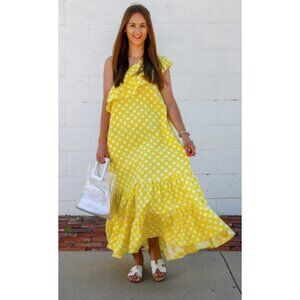 Lisa Marie Fernandez Dress Maxi Yellow Polka Dot One Shoulder Ruffle
